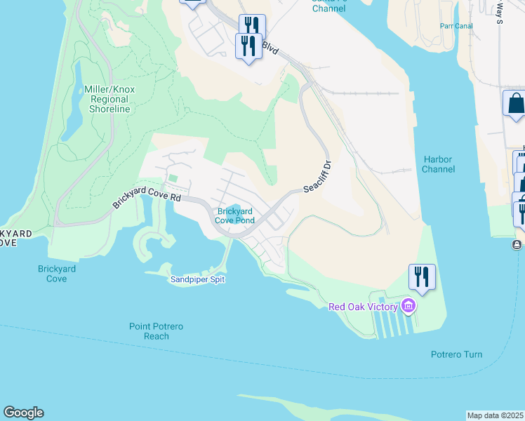 map of restaurants, bars, coffee shops, grocery stores, and more near 311 Seacliff Way in Richmond