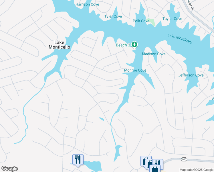 map of restaurants, bars, coffee shops, grocery stores, and more near 12 Amethyst Road in Lake Monticello