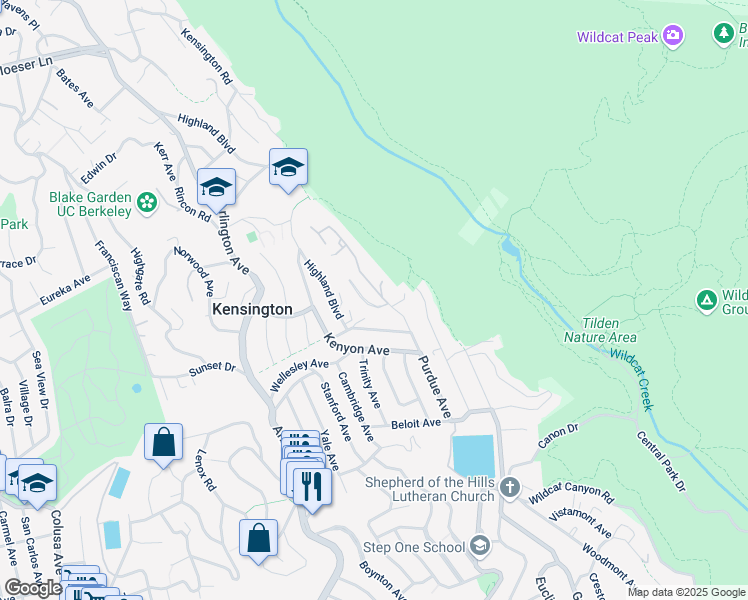 map of restaurants, bars, coffee shops, grocery stores, and more near 1 Garden Drive in Kensington
