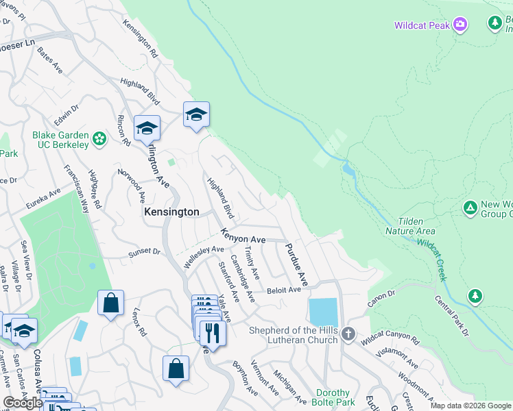 map of restaurants, bars, coffee shops, grocery stores, and more near 1 Garden Drive in Kensington