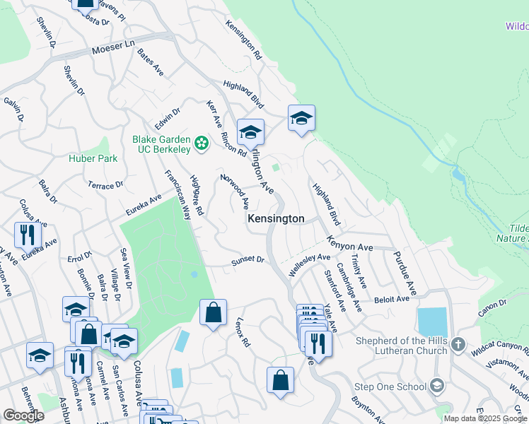 map of restaurants, bars, coffee shops, grocery stores, and more near 9 Arlington Lane in Kensington