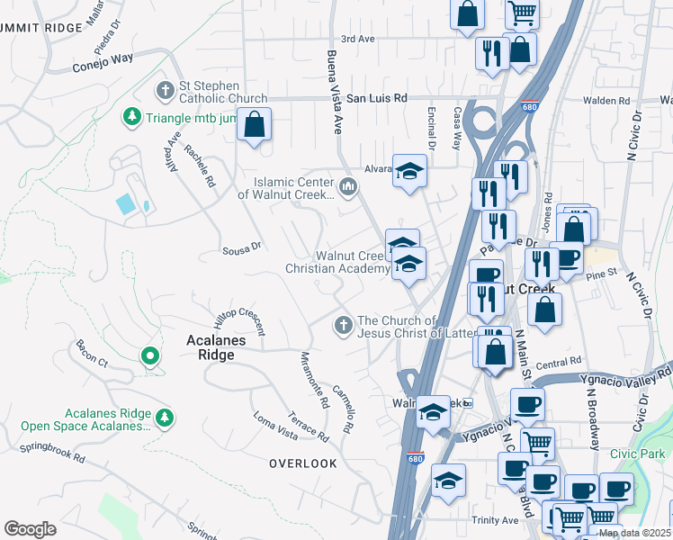 map of restaurants, bars, coffee shops, grocery stores, and more near 2463 Harvard Circle in Walnut Creek