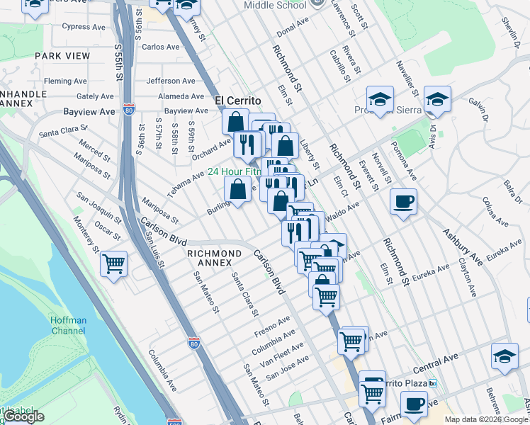 map of restaurants, bars, coffee shops, grocery stores, and more near 10562 California 123 in El Cerrito