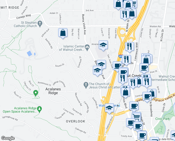 map of restaurants, bars, coffee shops, grocery stores, and more near 2463 Harvard Circle in Walnut Creek