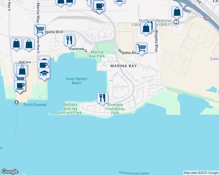map of restaurants, bars, coffee shops, grocery stores, and more near 143 Lakeshore Court in Richmond