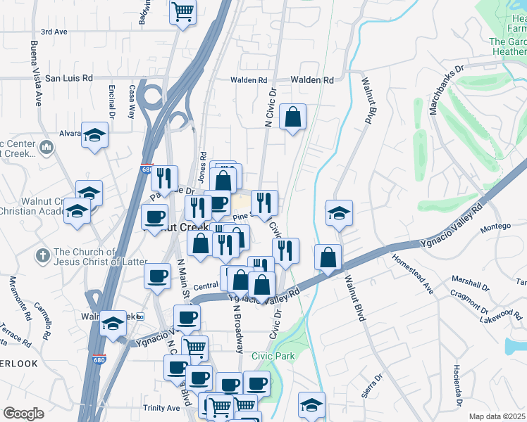map of restaurants, bars, coffee shops, grocery stores, and more near North Civic Drive in Walnut Creek