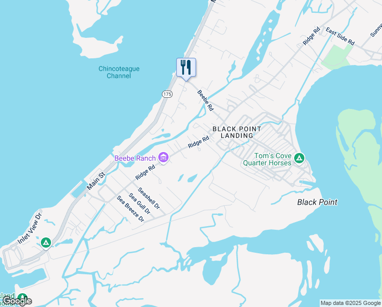 map of restaurants, bars, coffee shops, grocery stores, and more near 3134 Ridge Road in Chincoteague