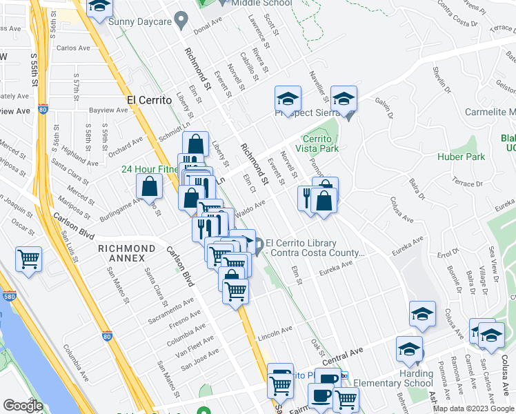 map of restaurants, bars, coffee shops, grocery stores, and more near 6626 Waldo Avenue in El Cerrito