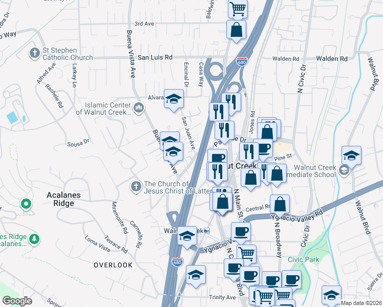 map of restaurants, bars, coffee shops, grocery stores, and more near 1656 Parkside Drive in Walnut Creek