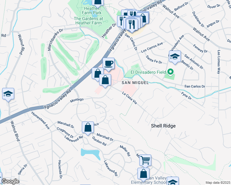 map of restaurants, bars, coffee shops, grocery stores, and more near 180 La Casa Via in Walnut Creek