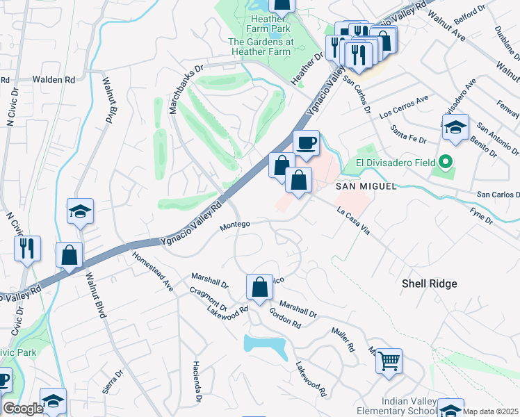 map of restaurants, bars, coffee shops, grocery stores, and more near 1400 Montego in Walnut Creek