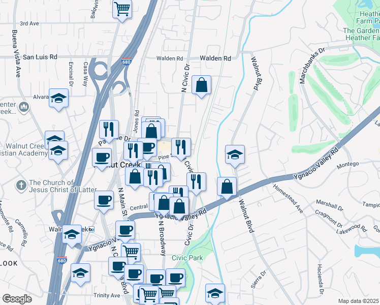 map of restaurants, bars, coffee shops, grocery stores, and more near in Walnut Creek