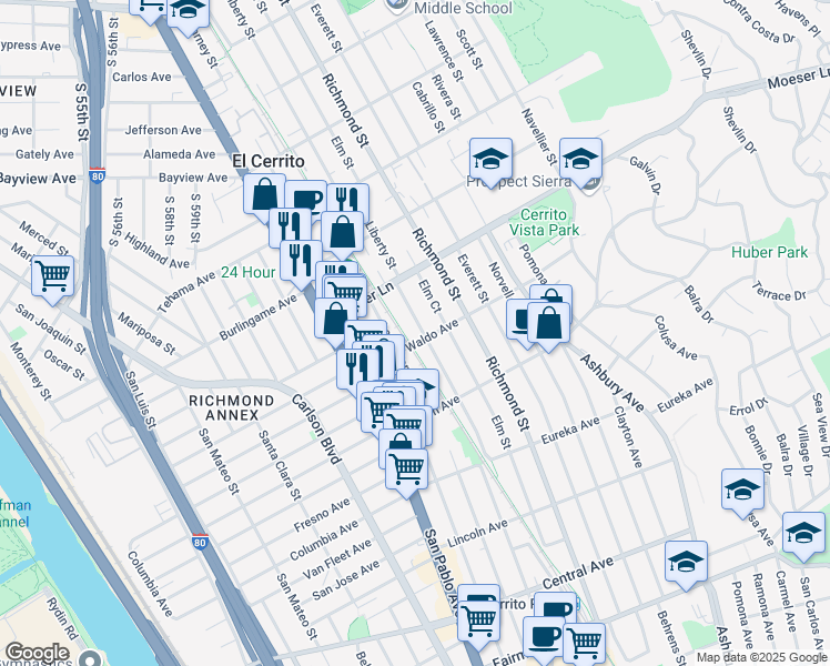 map of restaurants, bars, coffee shops, grocery stores, and more near 917 Liberty Street in El Cerrito