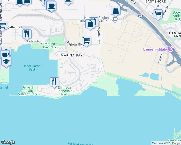 map of restaurants, bars, coffee shops, grocery stores, and more near 16 Bay Harbor Court in Richmond