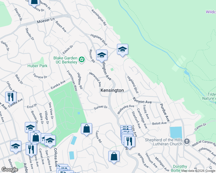 map of restaurants, bars, coffee shops, grocery stores, and more near 115 Norwood Court in Kensington