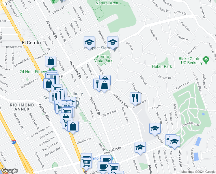 map of restaurants, bars, coffee shops, grocery stores, and more near 800 Ashbury Avenue in El Cerrito