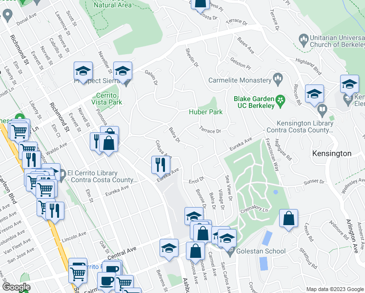 map of restaurants, bars, coffee shops, grocery stores, and more near 745 Balra Drive in El Cerrito
