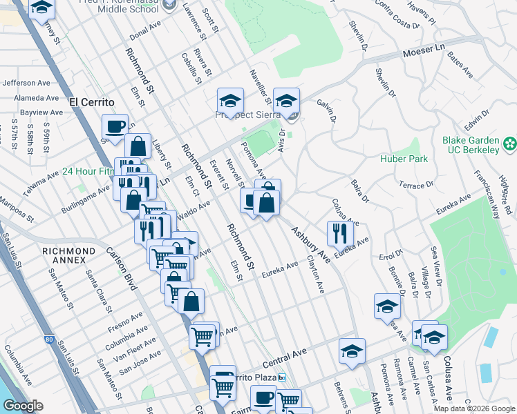 map of restaurants, bars, coffee shops, grocery stores, and more near 827 Norvell Street in El Cerrito
