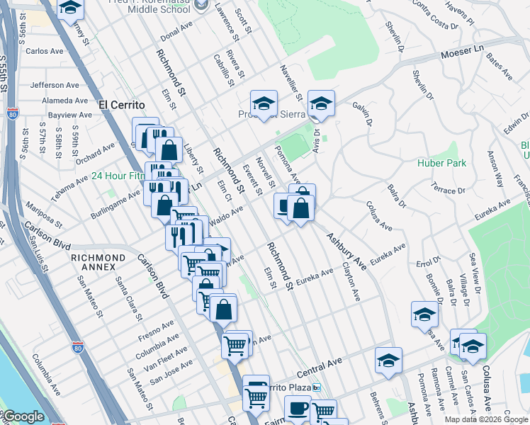 map of restaurants, bars, coffee shops, grocery stores, and more near 842 Richmond Street in El Cerrito