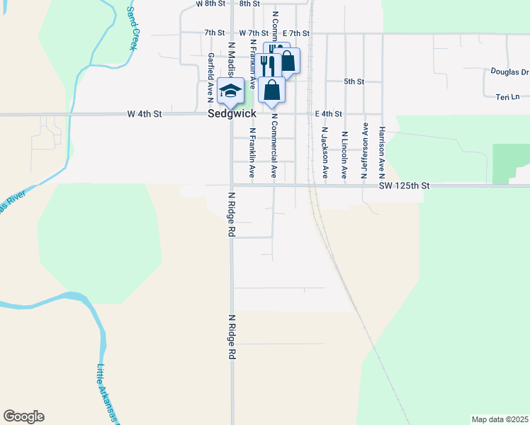 map of restaurants, bars, coffee shops, grocery stores, and more near 201 S Commercial Ave in Sedgwick