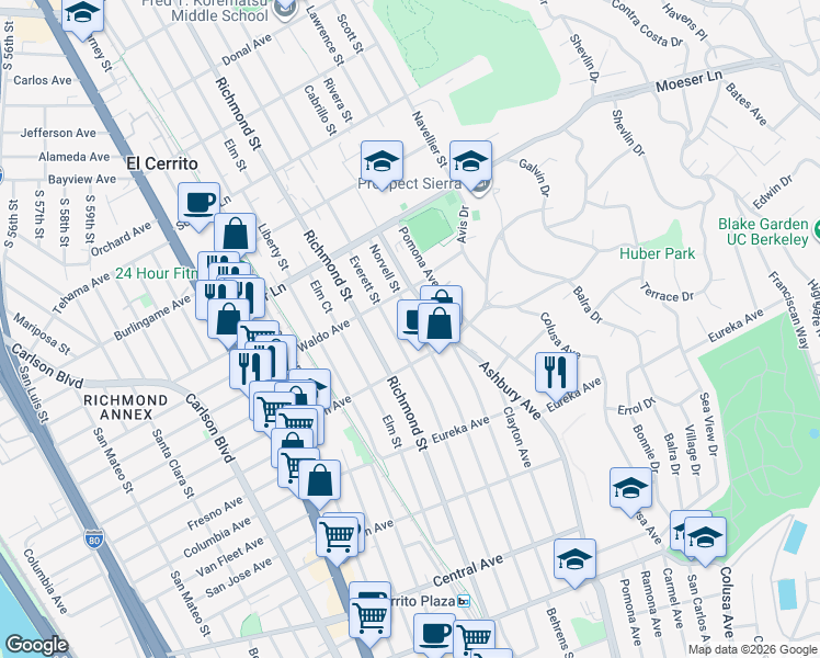 map of restaurants, bars, coffee shops, grocery stores, and more near 827 Norvell Street in El Cerrito