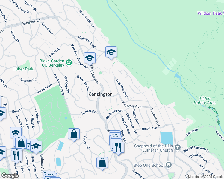 map of restaurants, bars, coffee shops, grocery stores, and more near 43 Windsor Avenue in Kensington
