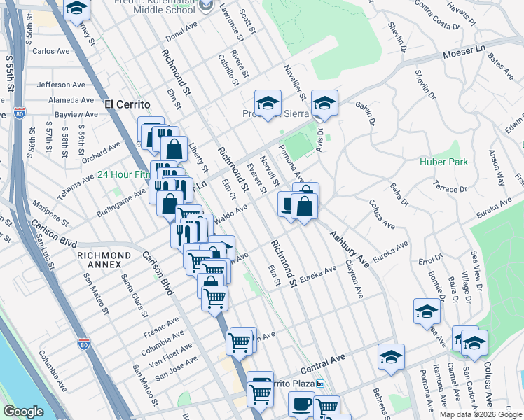 map of restaurants, bars, coffee shops, grocery stores, and more near 842 Richmond Street in El Cerrito