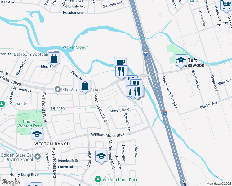 map of restaurants, bars, coffee shops, grocery stores, and more near 679 Queensland Circle in Stockton