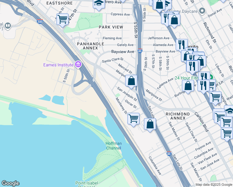 map of restaurants, bars, coffee shops, grocery stores, and more near 1428 Monterey Street in Richmond