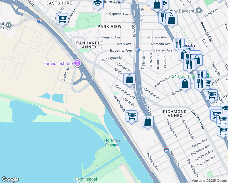 map of restaurants, bars, coffee shops, grocery stores, and more near 1428 Monterey Street in Richmond