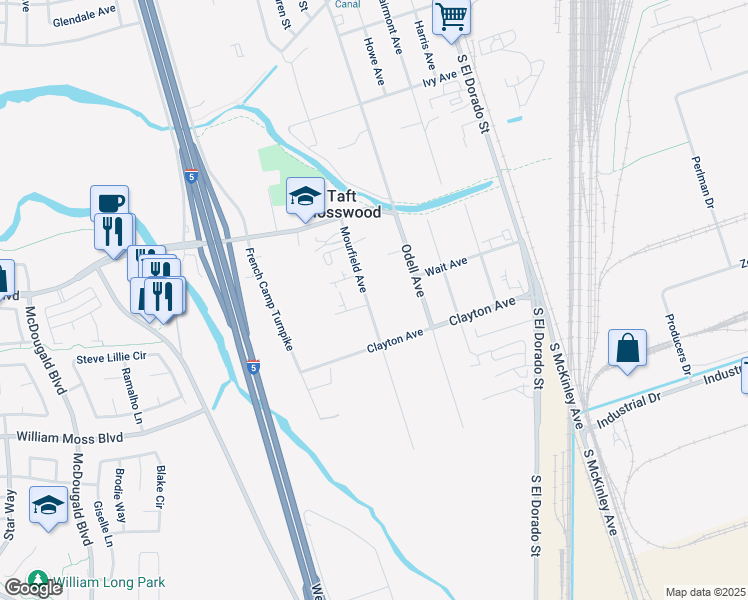 map of restaurants, bars, coffee shops, grocery stores, and more near 3648 Mourfield Avenue in Stockton