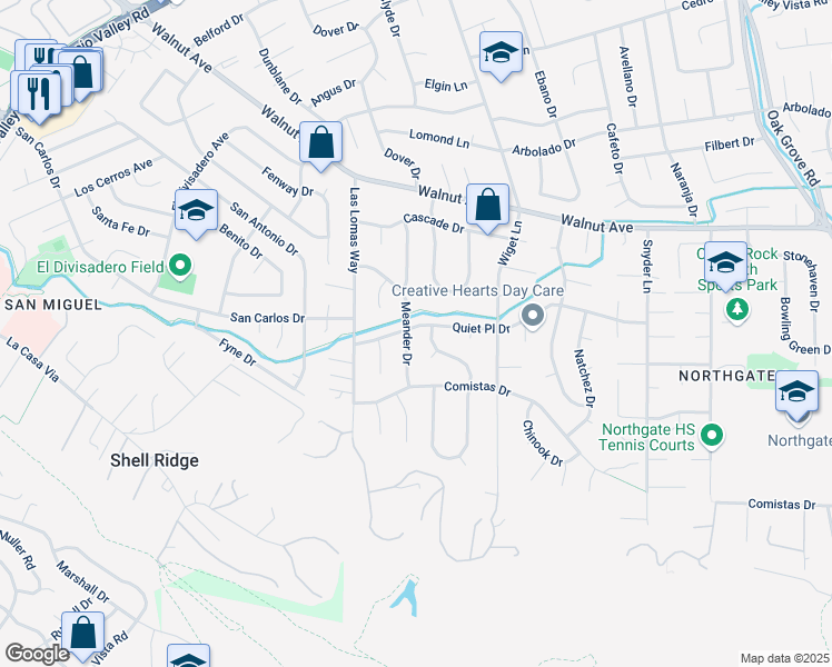 map of restaurants, bars, coffee shops, grocery stores, and more near 2201 Quiet Place Drive in Walnut Creek