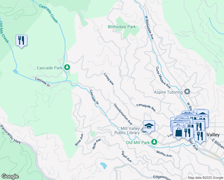 map of restaurants, bars, coffee shops, grocery stores, and more near 347 Lovell Avenue in Mill Valley