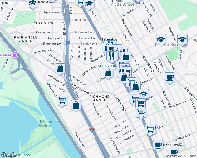 map of restaurants, bars, coffee shops, grocery stores, and more near 5901 Burlingame Avenue in Richmond