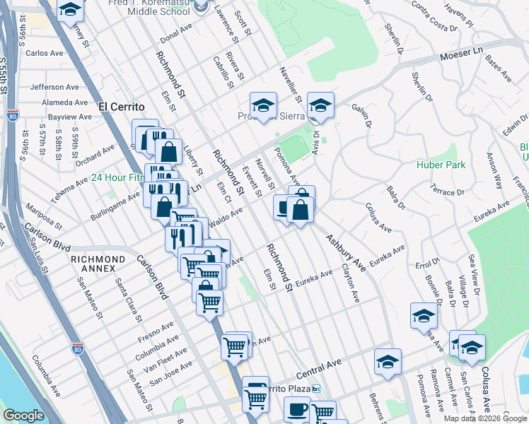 map of restaurants, bars, coffee shops, grocery stores, and more near 842 Richmond Street in El Cerrito