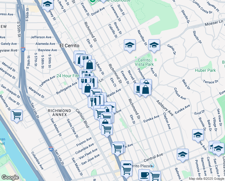 map of restaurants, bars, coffee shops, grocery stores, and more near 6626 Waldo Avenue in El Cerrito