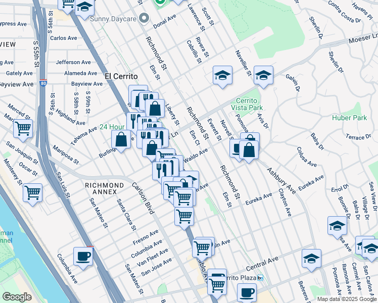 map of restaurants, bars, coffee shops, grocery stores, and more near 917 Liberty Street in El Cerrito