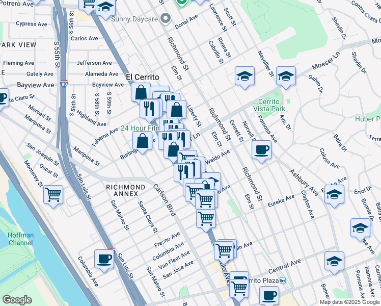 map of restaurants, bars, coffee shops, grocery stores, and more near 928 Kearney Street in El Cerrito