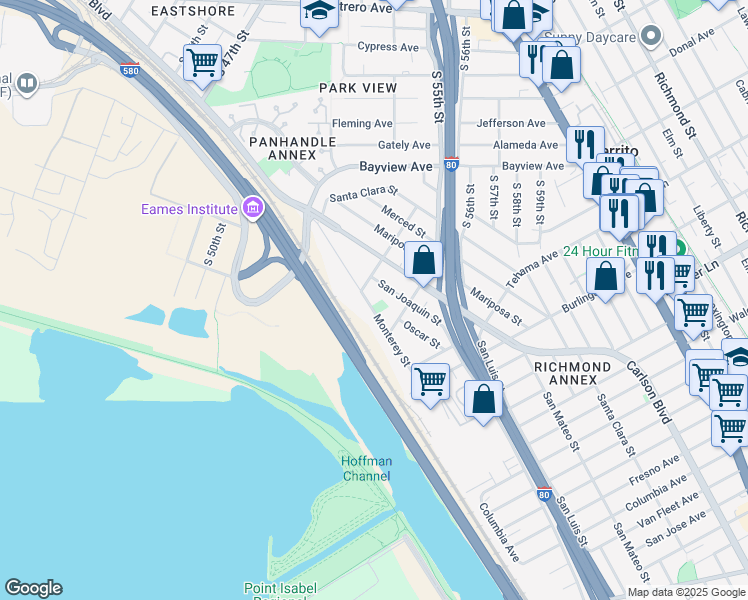 map of restaurants, bars, coffee shops, grocery stores, and more near 1428 Monterey Street in Richmond