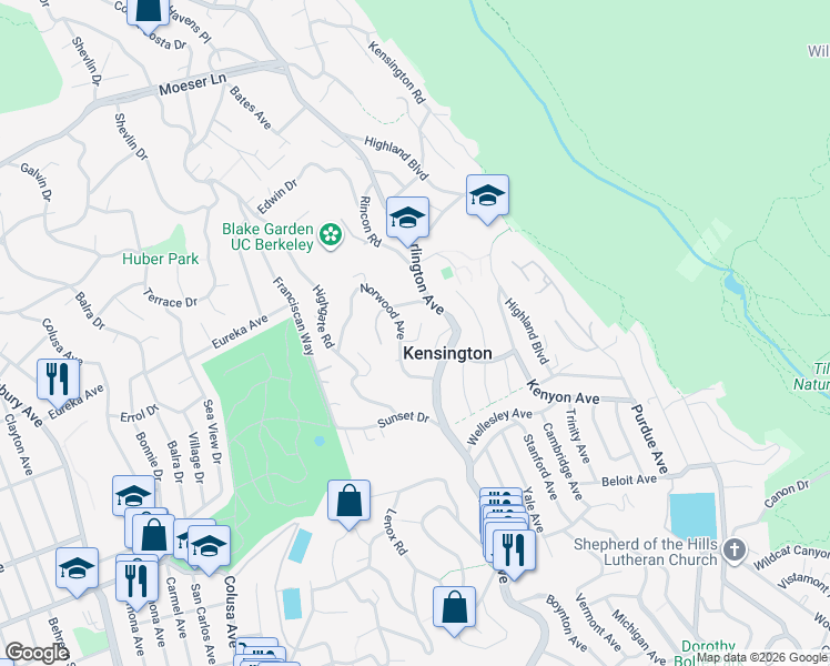 map of restaurants, bars, coffee shops, grocery stores, and more near 115 Norwood Court in Kensington