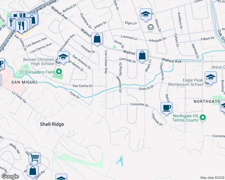 map of restaurants, bars, coffee shops, grocery stores, and more near 2024 Quiet Place Drive in Walnut Creek