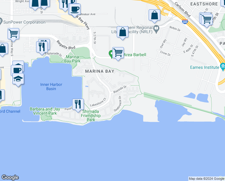 map of restaurants, bars, coffee shops, grocery stores, and more near 118 Marina Lakes Drive in Richmond