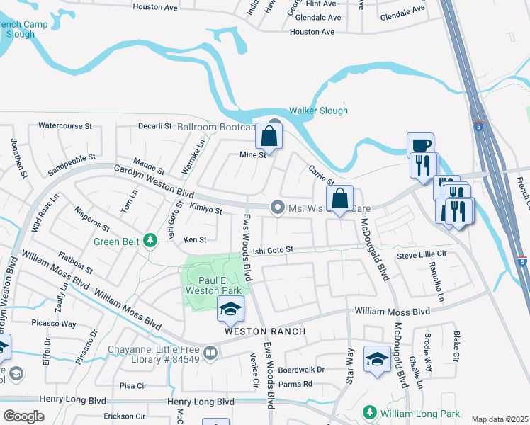 map of restaurants, bars, coffee shops, grocery stores, and more near 1133 Brick and Tile Circle in Stockton
