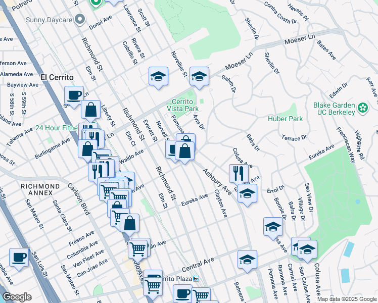 map of restaurants, bars, coffee shops, grocery stores, and more near 800 Ashbury Avenue in El Cerrito