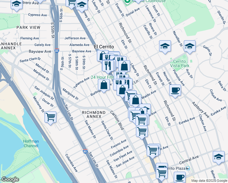map of restaurants, bars, coffee shops, grocery stores, and more near 1804 San Benito Street in Richmond