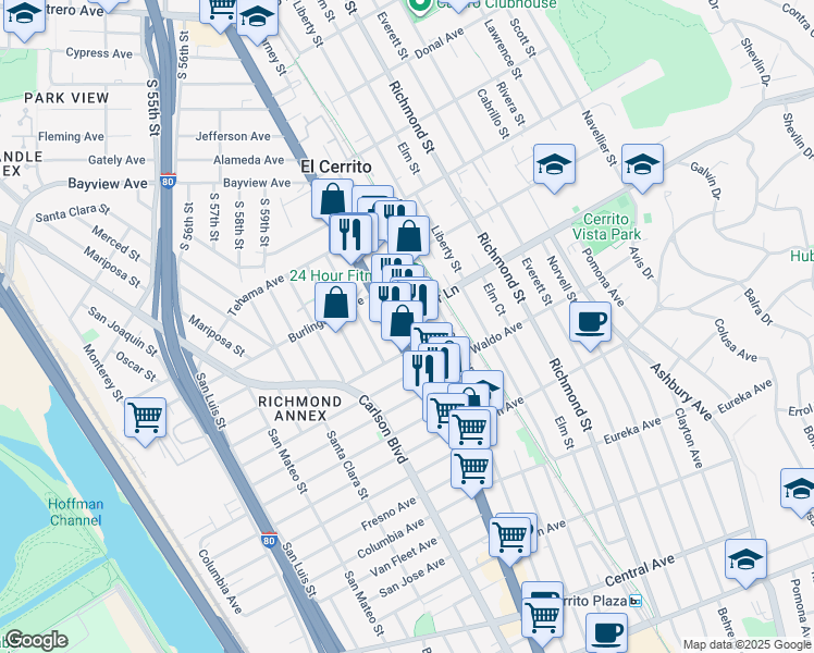 map of restaurants, bars, coffee shops, grocery stores, and more near 10578 San Pablo Avenue in El Cerrito