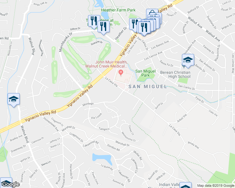 map of restaurants, bars, coffee shops, grocery stores, and more near 130 La Casa Via in Walnut Creek