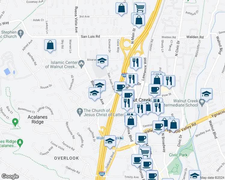 map of restaurants, bars, coffee shops, grocery stores, and more near 1666 Parkside Drive in Walnut Creek