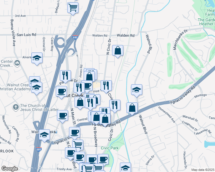 map of restaurants, bars, coffee shops, grocery stores, and more near 310 North Civic Drive in Walnut Creek