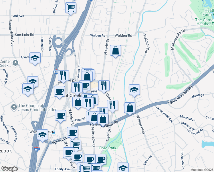map of restaurants, bars, coffee shops, grocery stores, and more near in Walnut Creek